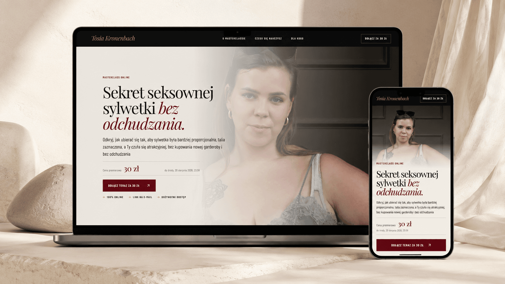 Landing page masterclassu Tosi Kronenbach na laptopie i telefonie