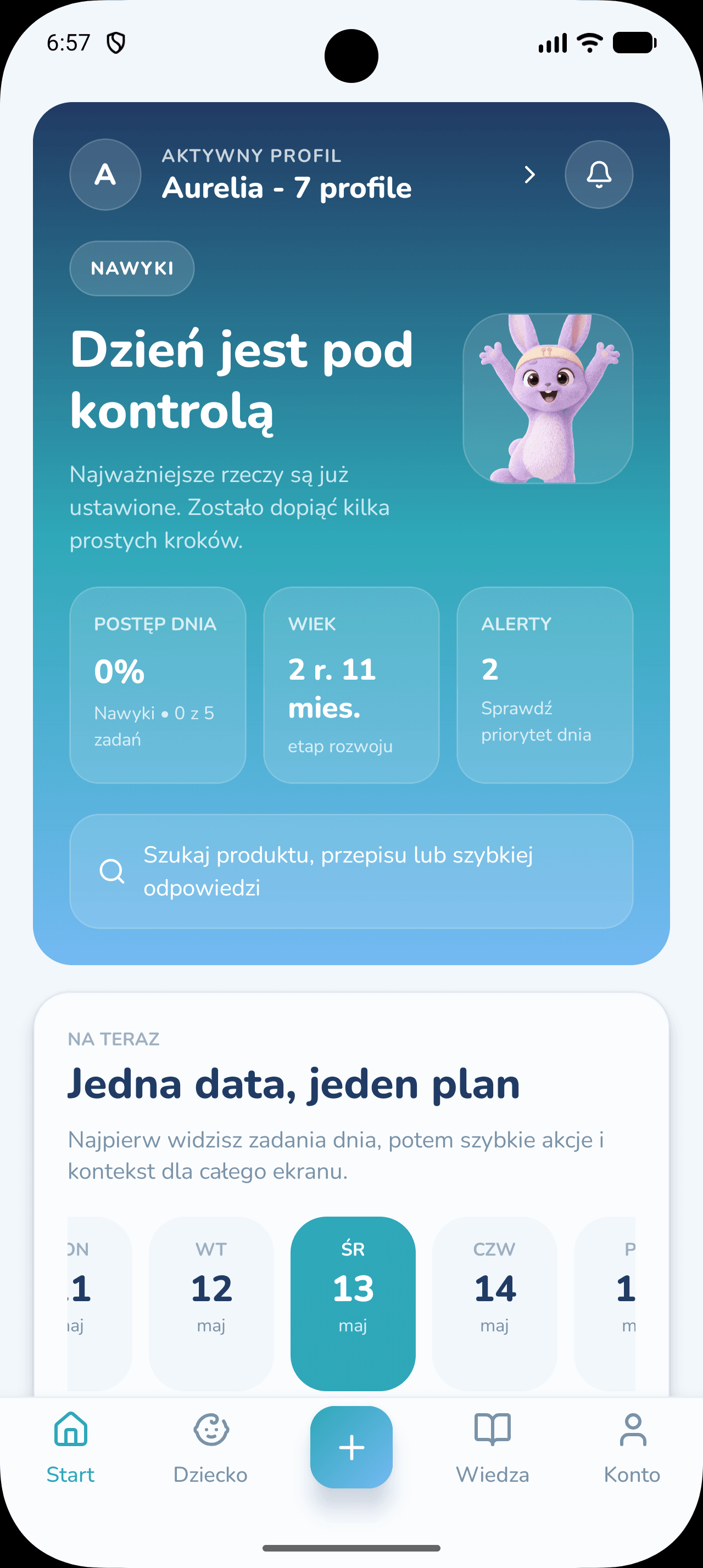 Ekran startowy aplikacji Nutribi z planem dnia